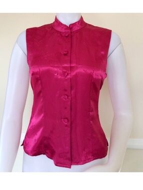 Vintage handmade hot pink satin sleeveless standing collar top